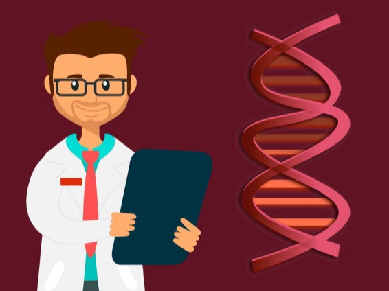 Lab scientist with clipboard plus DNA icon